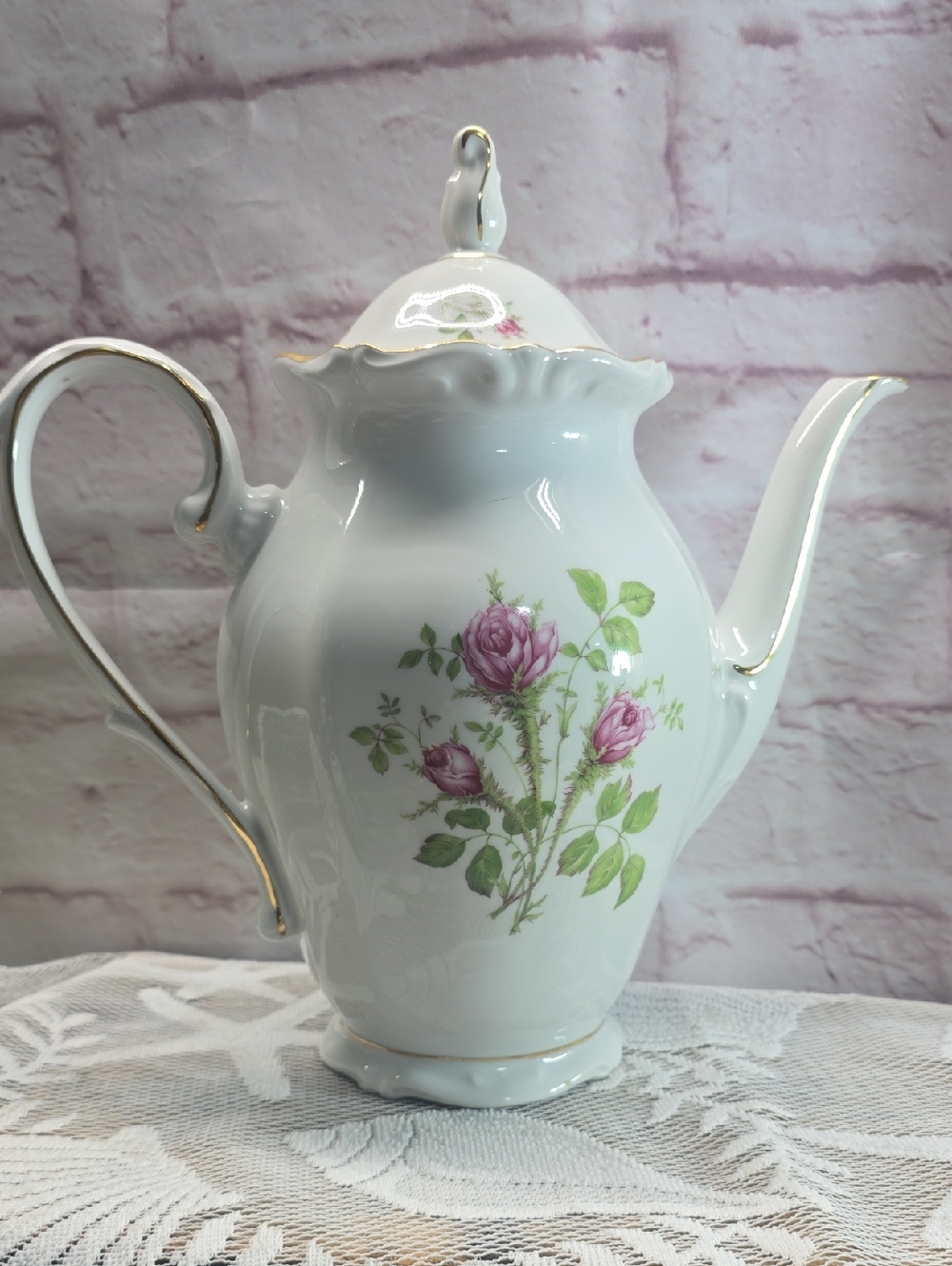 Vintage Bavaria Western Germany Pink Rose Coffee Pot Gold Trim 11” Porcelain